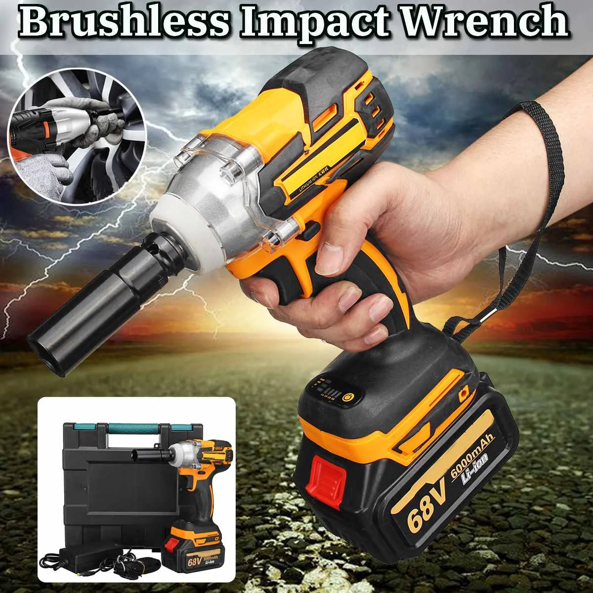 

68V 6000mAh 380Nm Brushless Cordless Lithium-Ion Electric Impact Wrench Brushless Motor 1/2 Battery with Charge Power Tools