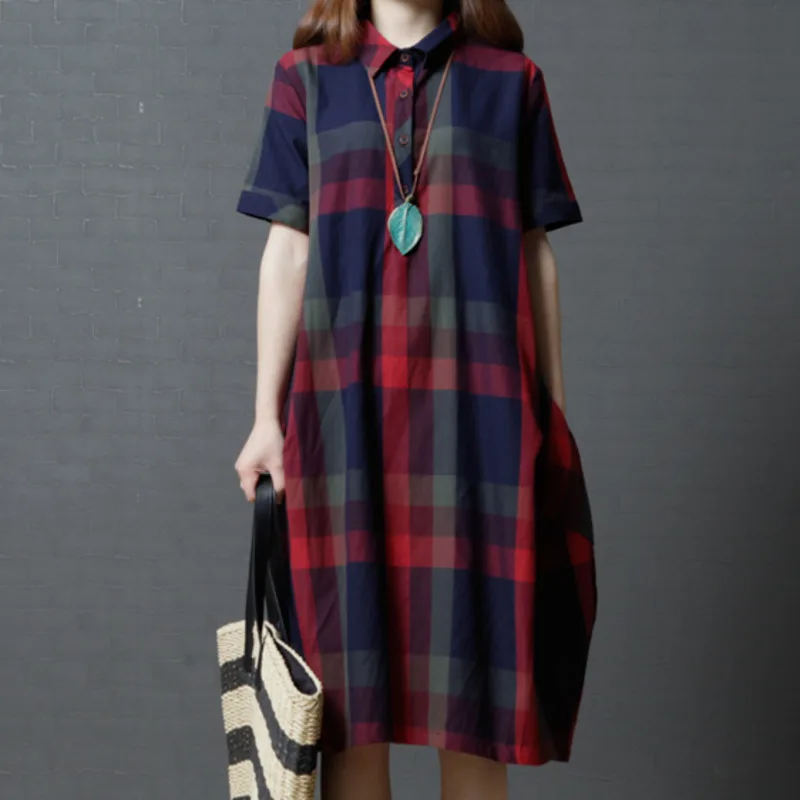

#0144 Summer Casual Vintage Turn Down Collar Front Button Shirt Dress Women Short Sleeve Midi Plaid Dresses Ladies With Pockets