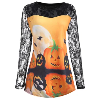 

VESTLINDA 2019 Women T-Shirt Plus Size Halloween Pumpkin Moon Lace Insert T-Shirt On Sale