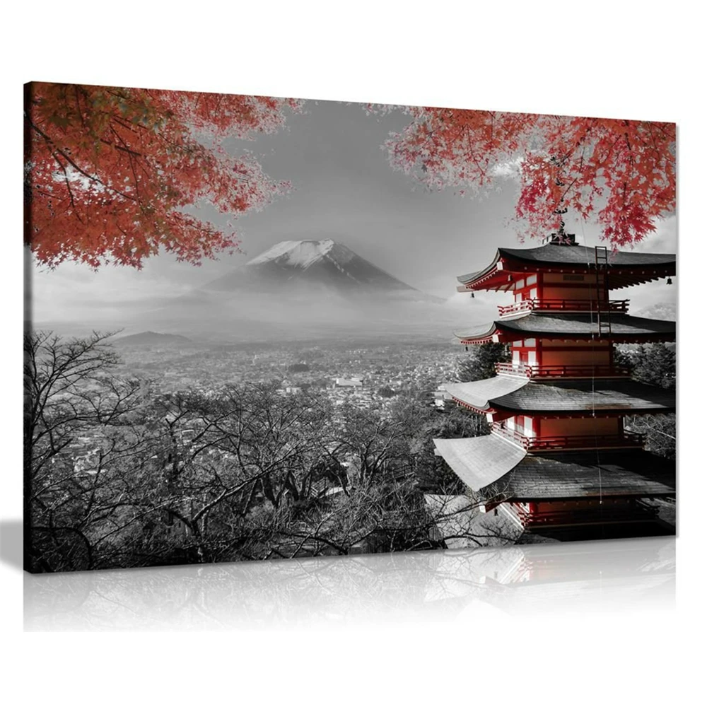 Japanese Temple In Autumn Black White Red Canvas Wall Art Picture Print 