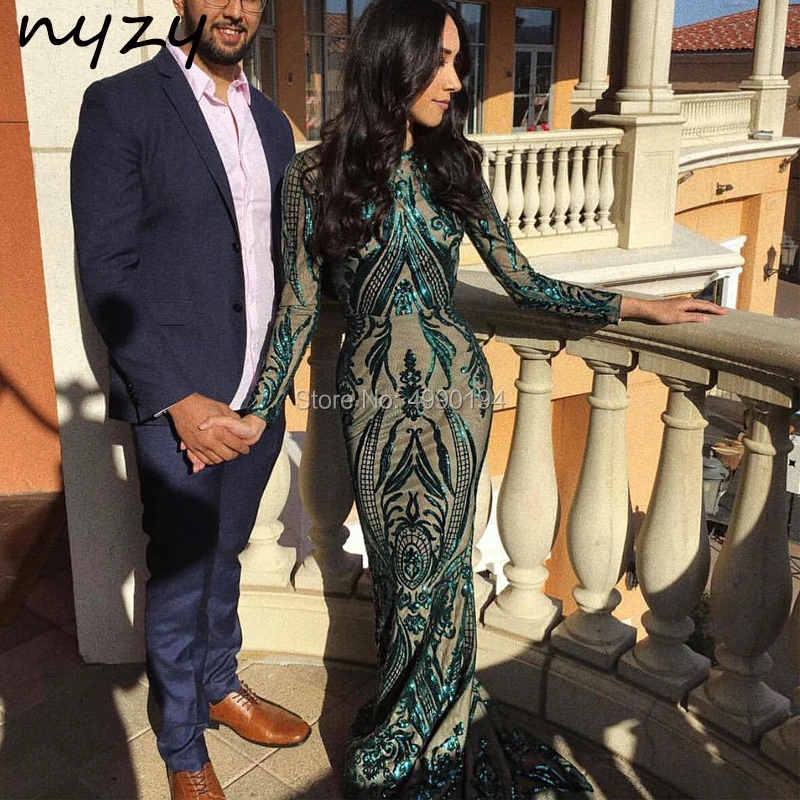 

NYZY MW6 Arabic Evening Dress Dubai Muslim High Neck Long Sleeves Green Sequin Gown Formal Dress Party Gown abiye elbisesi