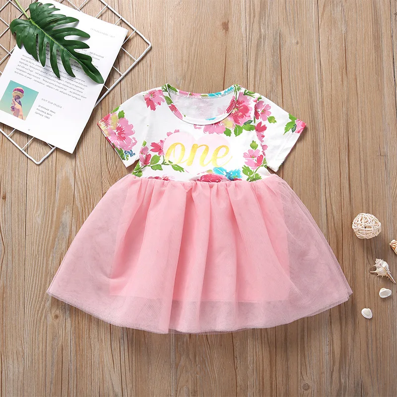 

short sleeve letter floral print girls princess dress kids girl dresses mesh cute pink summer clothes for 1-5 years
