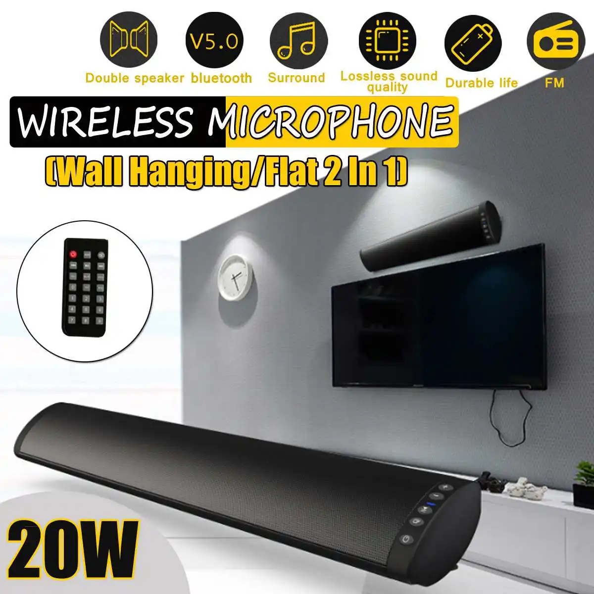 

20W Remote control Sound Bar Bluetooth Soundbar Column Dual Subwoofers Speaker Sub Woofer Surround Stereo Home Theatre System