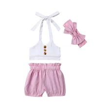 Красивая летняя одежда для маленьких девочек, однотонные топы без рукавов с бретельками на бретельках+ однотонные шорты с высокой талией, наряды с пуговицами, Новинка