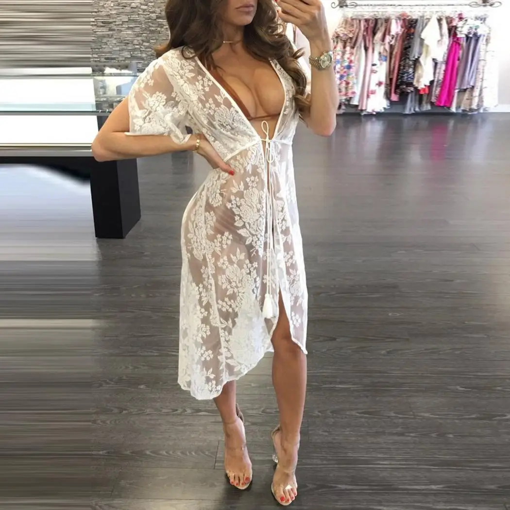 Для женщин Пляжная одежда Бикини Cover Up повседневное Кардиган See Through кружево Весна