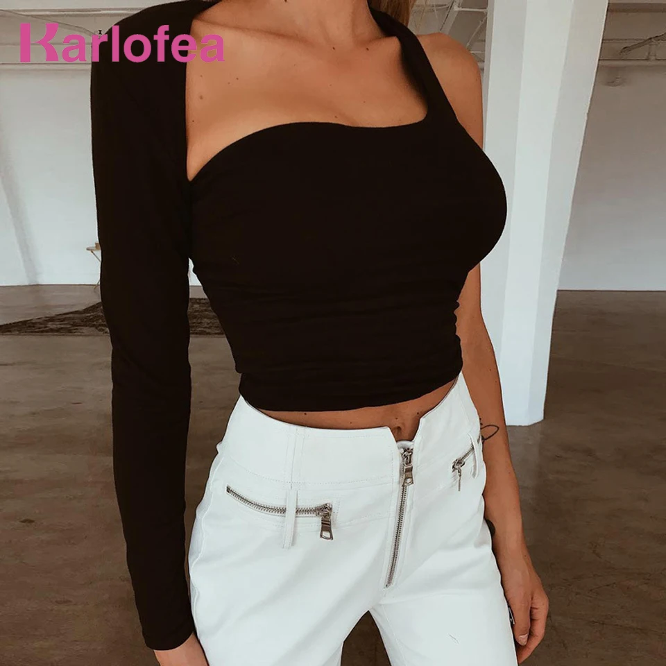 Karlofea Women New Black Cotton Crop Top T Shirt Chic Casual Slim One