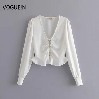 

VOGUEIN New Womens Sexy V-Neck Solid Color Long Sleeve Short Blouse Top Shirt Wholesale