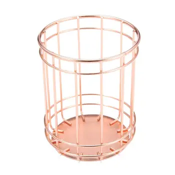 

Rose Gold Wire Stripes Pencil Holder Round Iron Mesh Pen / Pencil Cup Stationery Organizer Desk Sorter For Office Home School