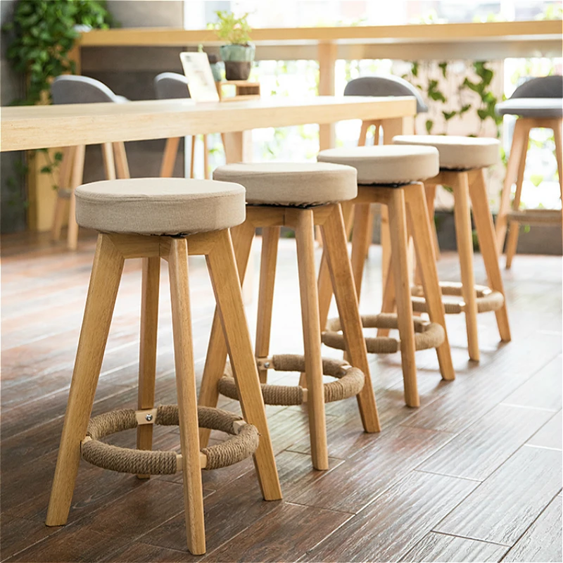 Wooden Simple Style Bar Chair Rotated Multi-function Household High Stool Front Desk PU Seat Balcony Stable Leisure Bar Stool