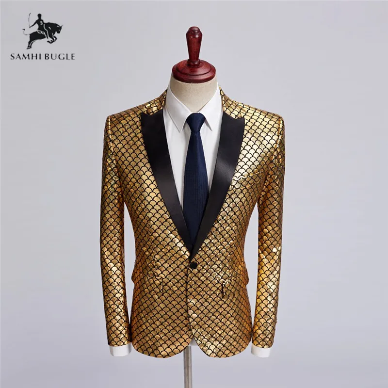 

Men Shawl Lapel Blazer Designs Plus Size 5XL British Style Gold Flowers Sequins Suit Jacket DJ Club Stage Singer Clothes