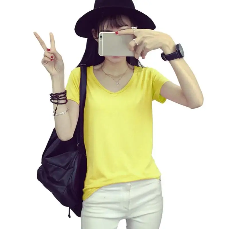 

Women Solid Color Cotton T Shirt Sexy V Neck Summer Short Sleeve Basic Tee 8 Colors Casual Soft Women T-shirt Tee Tops One Size