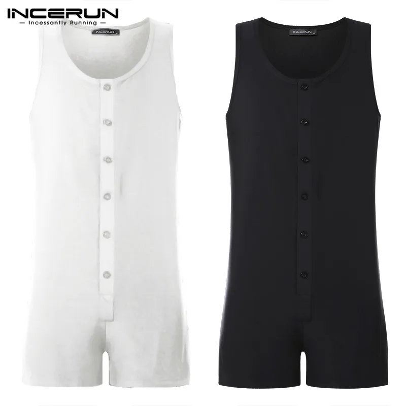 

Men Tank Tops Jumpsuit Sleeveless Button Breathable Undershirt Solid Color Slim Fit Men Party Club Vest Bodysuit 2019 INCERUN