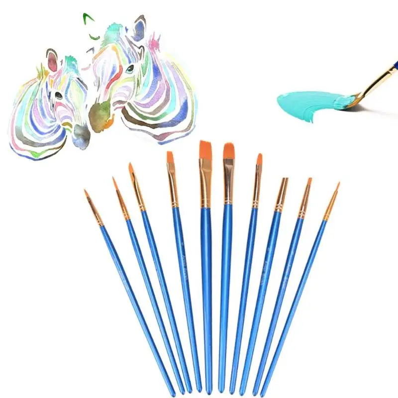 Goede 10 stks Kids Student Handgeschilderde Blauw Aquarel Gouache Penselen Nylon Haar Schilderij Borstel Set Tekening Art Supplies