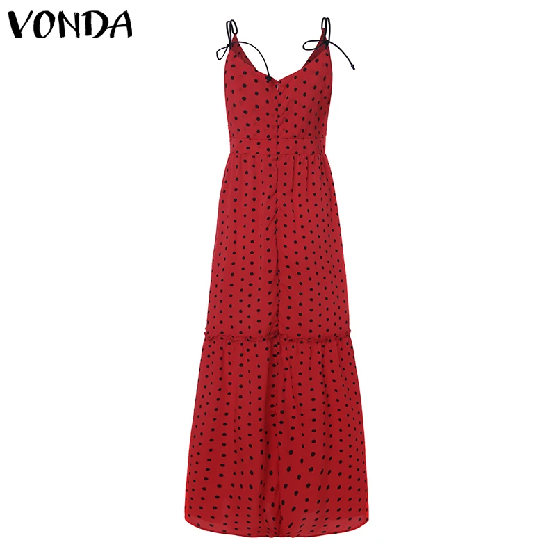 الصيف VONDA المرأة الأحمر فستان طويل 2019 نقطة طباعة حزام ماكسي فساتين مثير الخامس الرقبة عالية الخصر أكمام Vestidos زائد حجم S-5XL