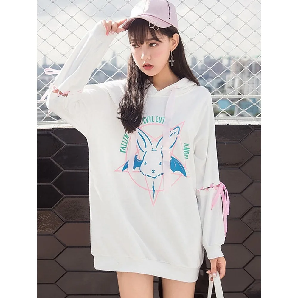 Women Goth Hoodies Casual Hip Hop OL Punk Plus Size Korean Style Loose Hooded Cartoon Print Female Cool Fashion White Sweatshirt Women Goth Hoodies Casual Hip Hop OL Punk Plus Size Korean Style Loose Hooded Cartoon Print Female Cool Fashion White Sweatshirt