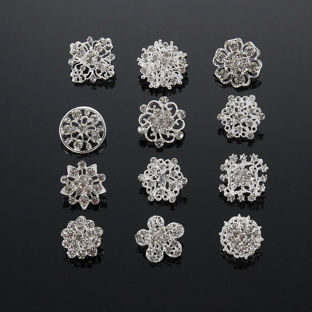 Упаковка из 12 Мода Посеребренная Украшенные стразами Floriated Броши Воротник Pin