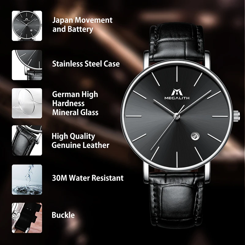 MEGALITH Reloj Hombre мужские часы из натуральной кожи кварцевые кожаные военные