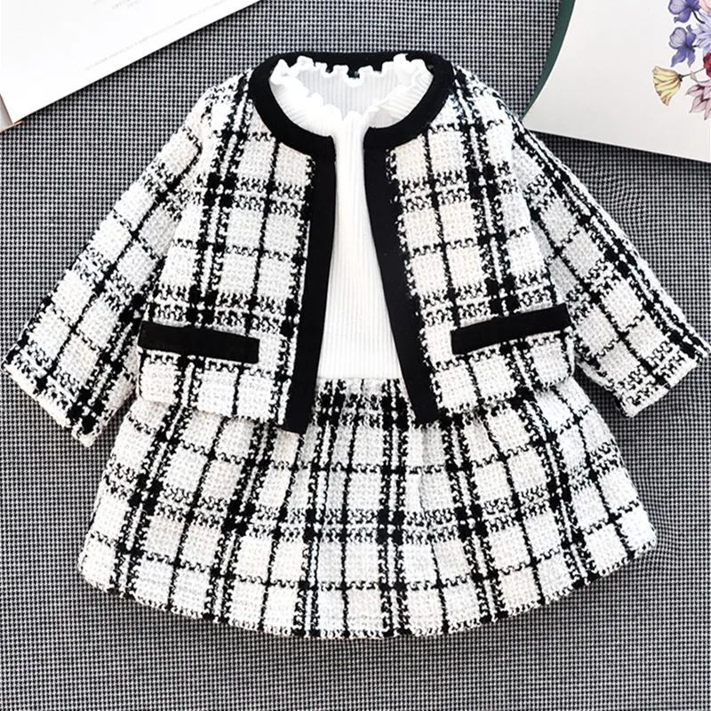 

Newborn Baby Girl Clothes Set Spring Long Sleeve Houndstooth Open Stitch Dress Outfits Toddler KidsGirls Clothing Suit