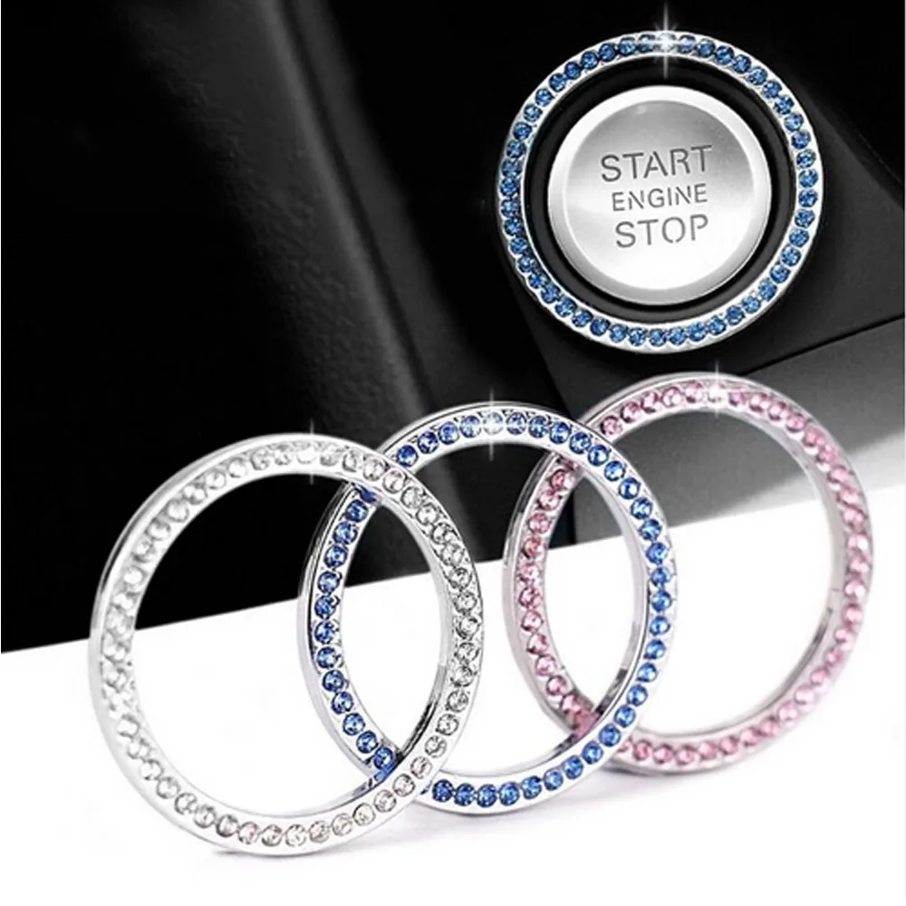 

High Quality Car button Start Car Decoration Ring Hand Diamond Crystal Car Decoration Circle Pink Blue white