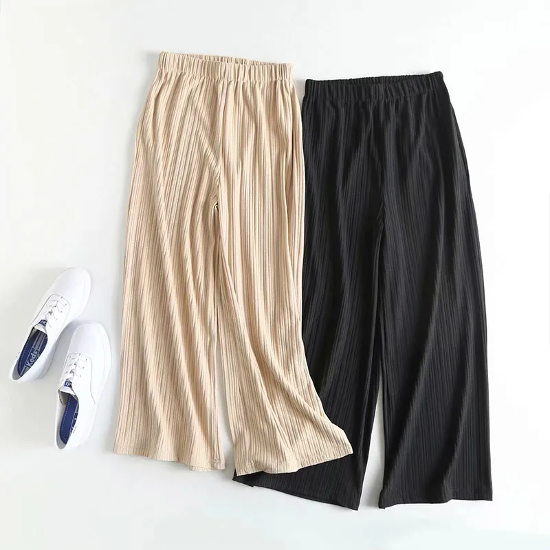 

2019 knit elastic waist pants spring summer ladies casual wide-leg pants loose casual long trouser high waist women pants black