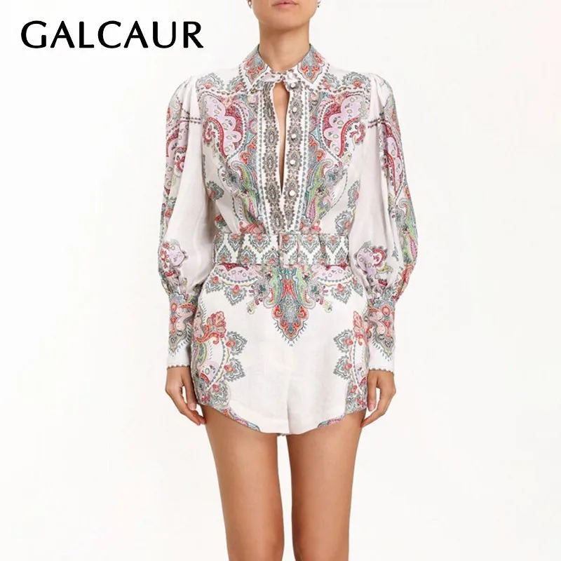 

GALCAUR Vintage Print Women Suit Lapel Lantern Button Hit Color Big Size Shirt High Waist Shorts Female Two Piece Set Fashion