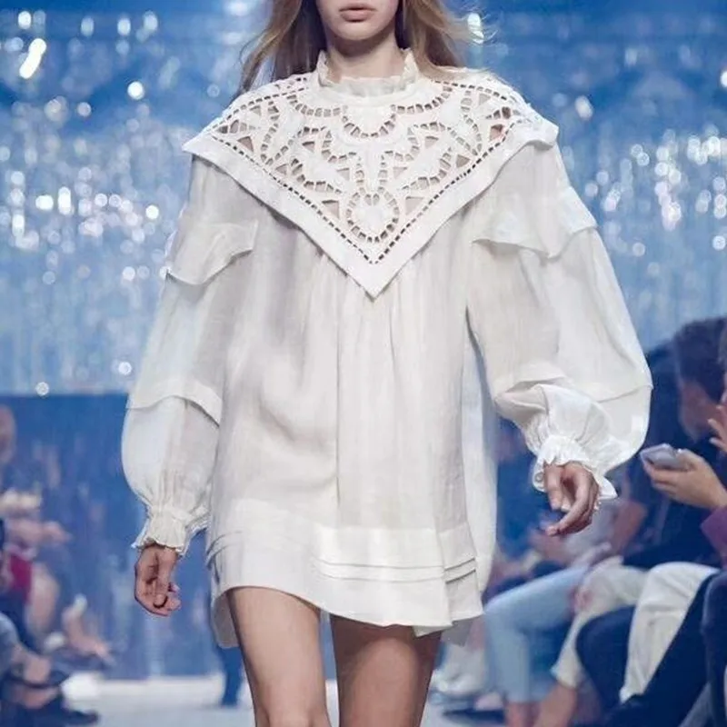 

[MENKAY] Elegant Women Lantern Long Sleeve Dress Hollow Out Clothing Female Oversized Fashion 2019 Autumn Large Sizes Dresses