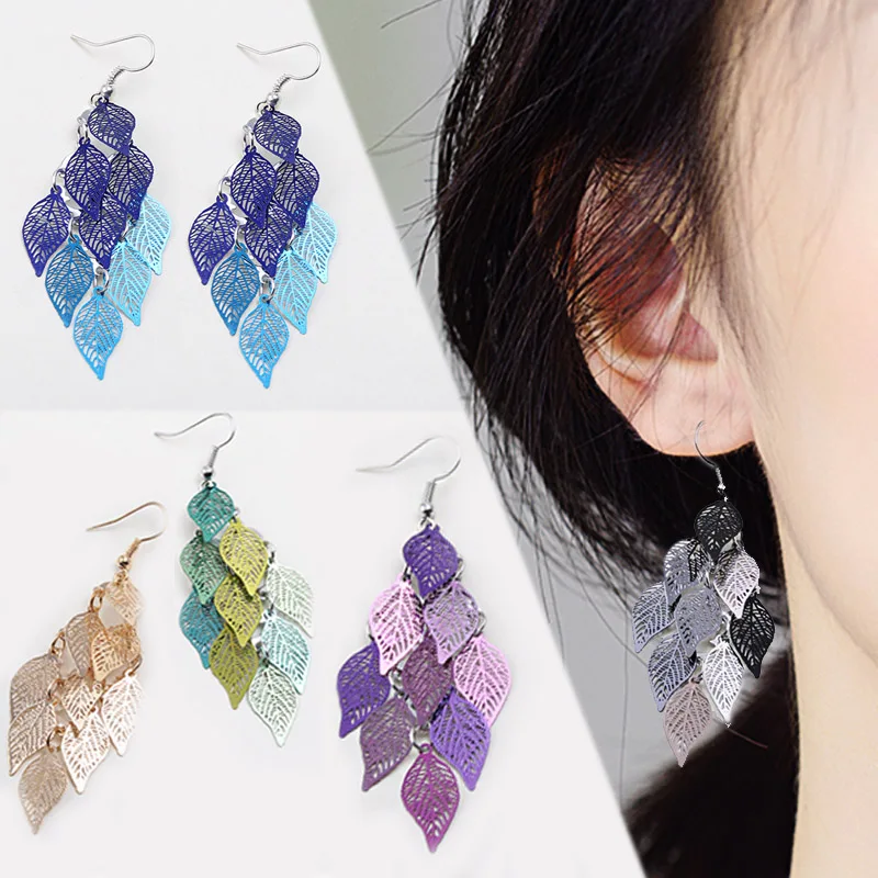 

1Pair Hot Sale Tassel Drop Earring Candy Color Hollow Leaves Party Long Valentines Gift Gifts Bohemian 7 Colors Colours
