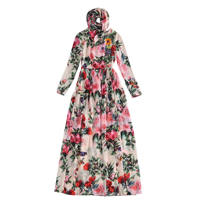 

Runway Maxi Dresses High Quality 2019 Spring Summer Women Dress Printed Sequins Beaded Long Dress With Scarf SAD045N