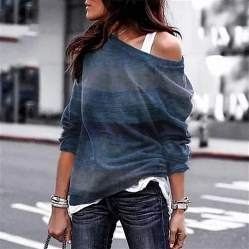 

2019 Women T Shirt Spring One Off Shoulder Long Sleeve Slouchy Shirt Baggy Top Print Female Geometric T-shirt Femme Mujer