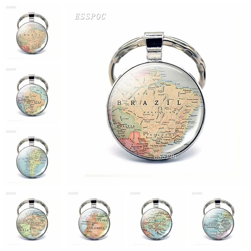 

South America Countries Map Glass Pendant Keychain Brazil Argentina Bolivia Fashion Souvenir Keyring Jewelry Gift For Women Men