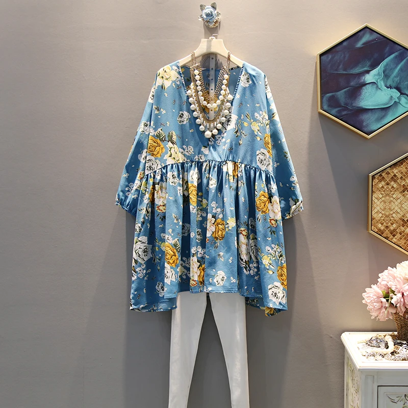 

[EWQ] 2019 Spring Summer New Style V-collar Three Quarter Sleeve Floral Print Patchwork Pullovers Casual Dress Women AE30105