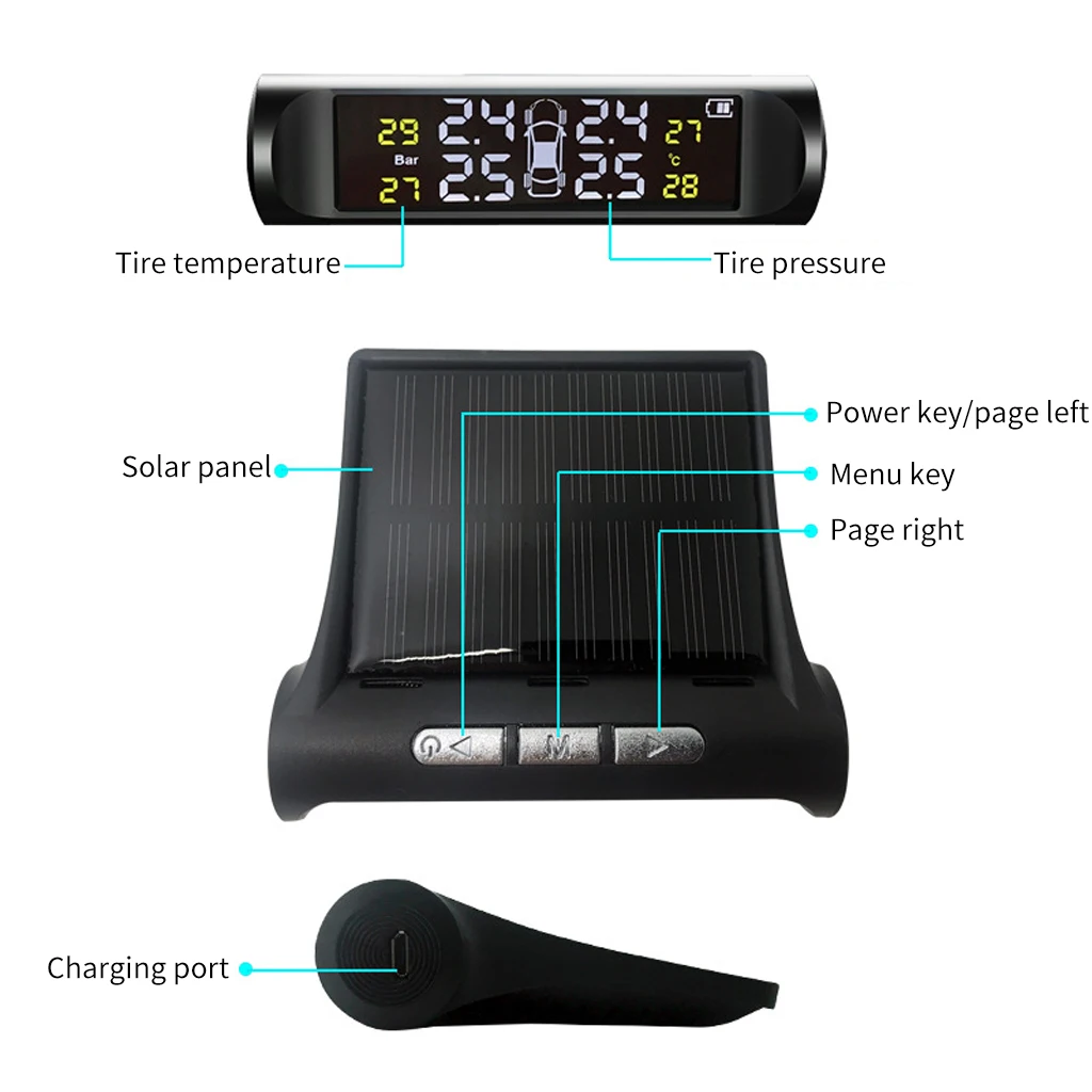 Умный автомобиль TPMS Солнечная энергия автомобильная система контроля давления в шинах 4 внешний/внутренний датчик в реальном времени цифровой дисплей сигнализация в шинах