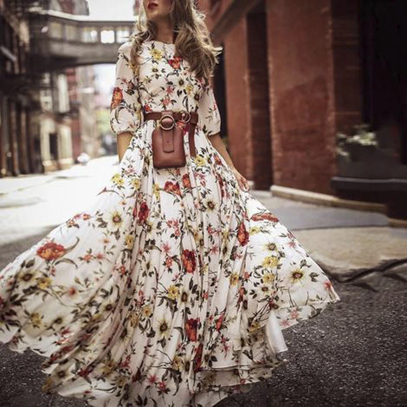 Herbst Boho Vintage Floral Chiffon Maxi Kleid Plus Größe Boho Kleider 2018  Elegante Frauen Partei Langarm Kleid Vestidos|Kleider| - AliExpress