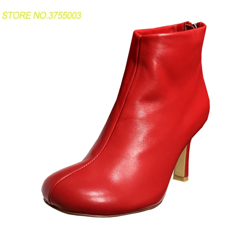 

black red top quality leather Short Boots high heels runway style shoes women round toe Ankle Boots for women Shoes