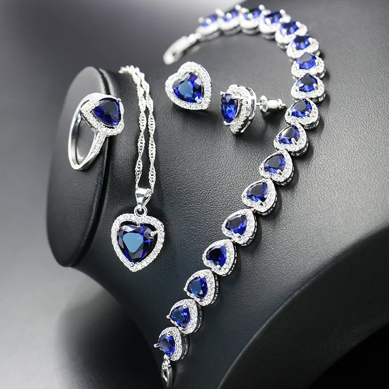 Heart Montana blue Zircon 925 Sterling Silver Jewelry Set For Women Wedding Accessories Earrings/Pendant/Necklace/Rings/Bracelet | Украшения