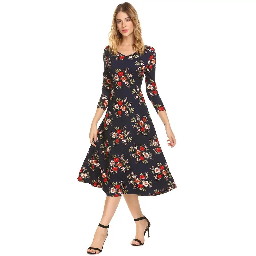 Women V Neck 3/4 Sleeve Back Cross Bandage Floral Printed Loose Pleated Dress Casual Spring Autumn Summer Mid Calf | Женская одежда