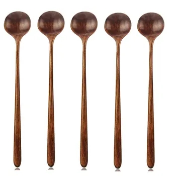 

Long Spoons Wooden, 5 Pieces Korean Style 10.9 inches 100% Natural Wood Long Handle Round Spoons for Soup Cooking Mixing Stirr