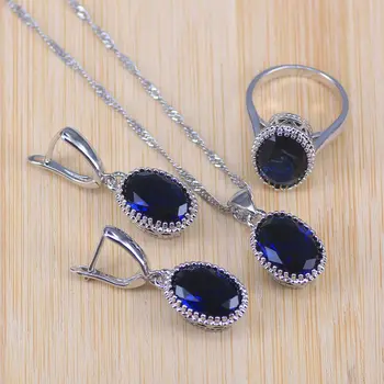 

Blue Zircon Bridal Silver Color Costume Jewelry Sets Women Pendant&Necklace Ring Earrings With Natural Stones Jewelery Gift Box