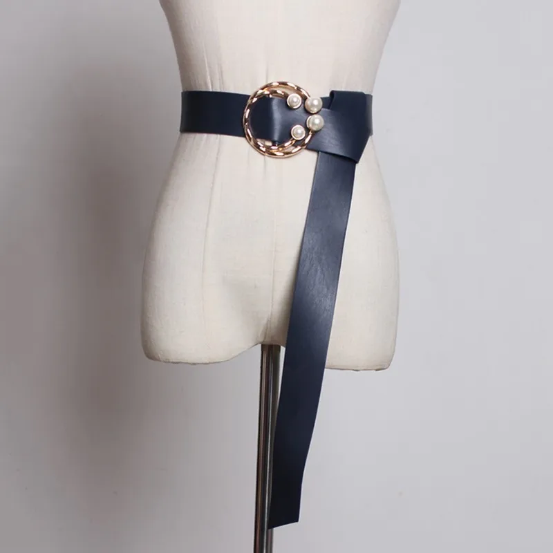 

[YaLee] New Fashion 2019 Spring Summer Simple Double Pearl Metal Circle Girdle PU Leather Long Belts Women 8 Colors Y555