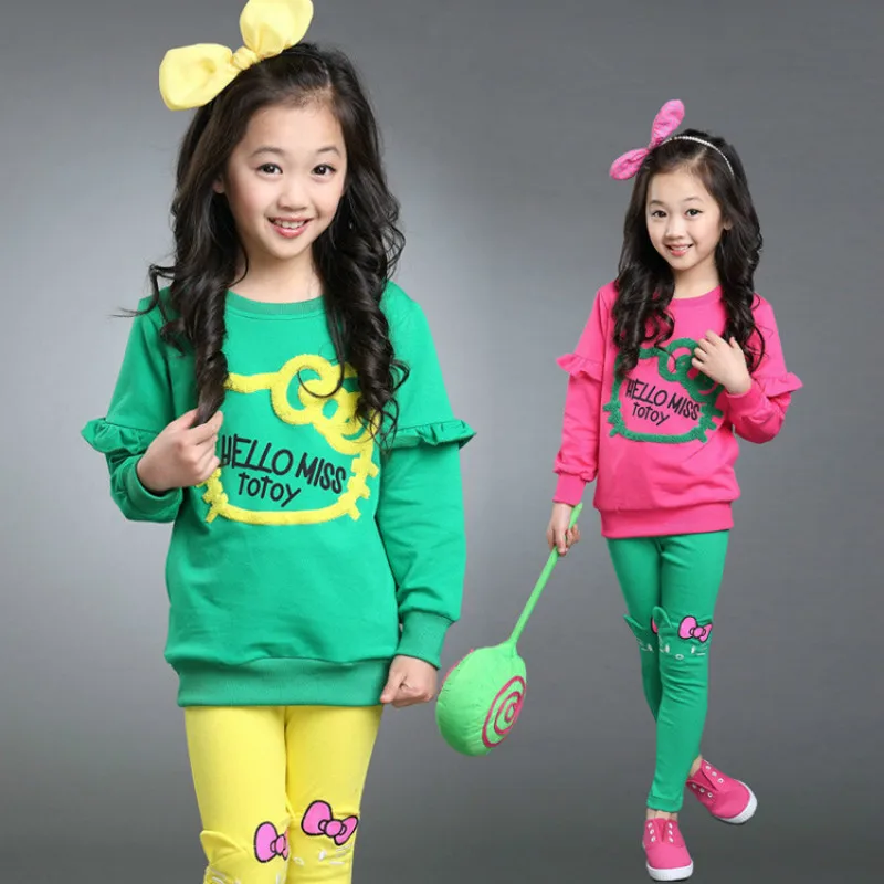 

2018 Spring New Girls Lovely Embroidered Elastic Cat Pattern Suit Kids Pure Cotton Long Sleeve Round Neck Sweater+Pants 2pcs Set