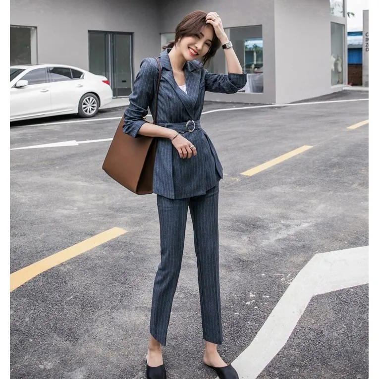

High Quality 2019 spring summer autumn Formal Jackets And Pants Fashion Striped Trousers Sets Business Pant suit ensemble femme