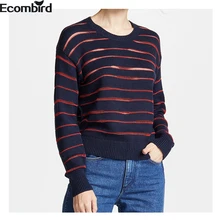 2018 Autumn Winter Hollow Out Stripe O-Neck Pullovers Sweaters European American Fashion Office Lady Black knitted Sweater