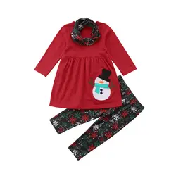 FOCUSNORM для маленьких девочек Рождество 3 шт. комплект одежды Снеговик футболка с длинными рукавами платье + брюки + шарф От 1 до 6 лет