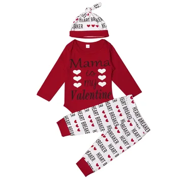 

2019 Newborn Baby Girl Boy 3pcs Valentine Clothes Sets Long Sleeve O-neck Tops Cotton Letter Romper+Pants Set Wholesale Pudcoco