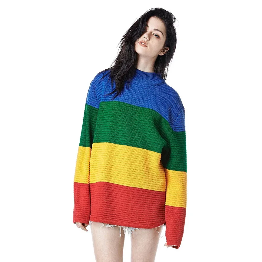 OLOEY Rainbow turtleneck sweaters women winter 2018 jumpers knitted clothes fashion striped oversized pullover female sale OLOEY Rainbow turtleneck sweaters women winter 2018 jumpers knitted clothes fashion striped oversized pullover female sale