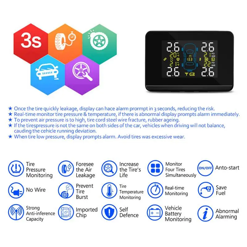 CAREUD новый автомобильный монитор давления в шинах цветной экран внешний TPMS