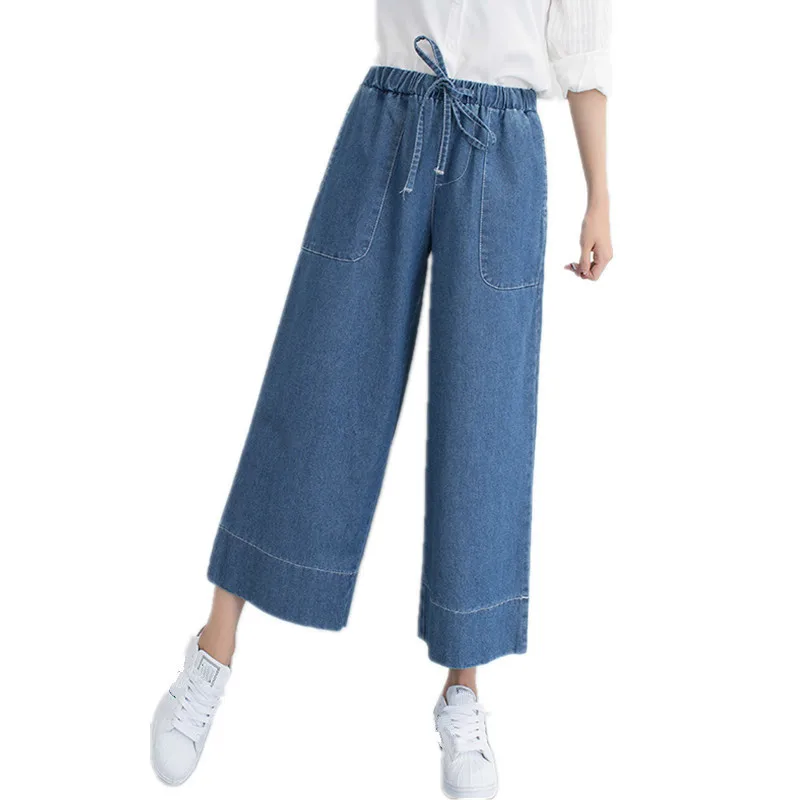 

New Women 2019 Fashion Blue Wide Leg Pants High Waist Washed Denim Pants Female Spring Summer Loose Casual Jeans