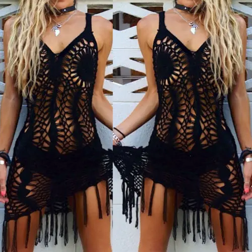 

Women Summer Lace Crochet Bikini Black Tassel Cover Up Tops Swimwear Bathing Suit Beach Dress