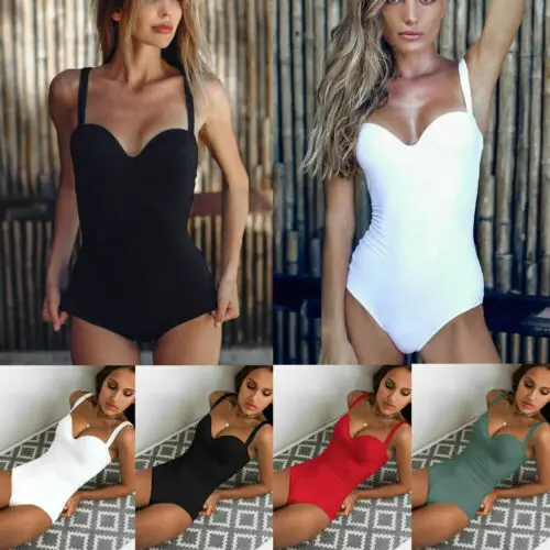 

Lady Women One Piece Solid Swimsuit Beachwear Strap V neck Swimwear Bandage Bikini Bathing Suit