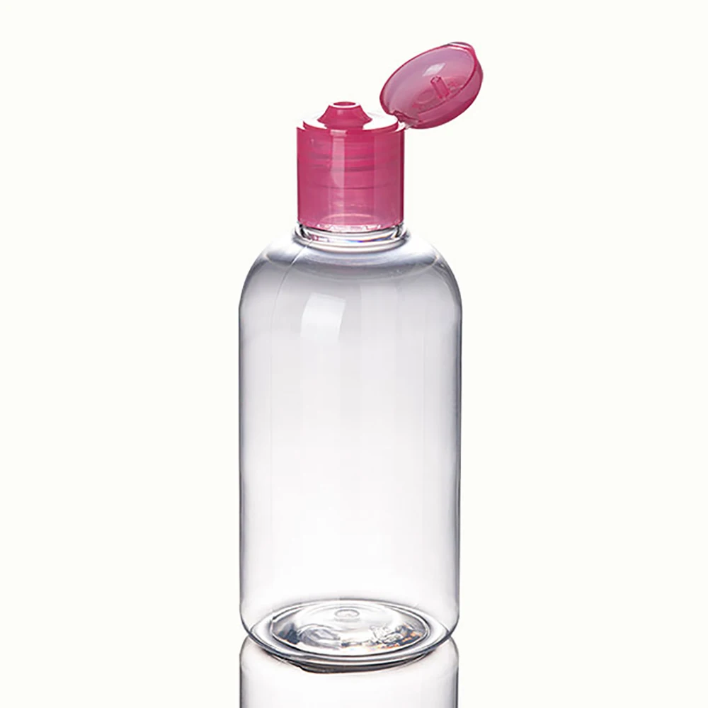 

250ml clear plastic bottle with pink and white flip top cap, empty PET lotion cream skin care portable containers